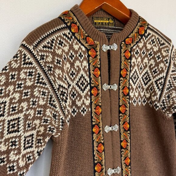 Vintage Nordstrickk Brown 100% Wool Nordic Fair Isle Silver Closure Cardigan - Picture 7 of 16